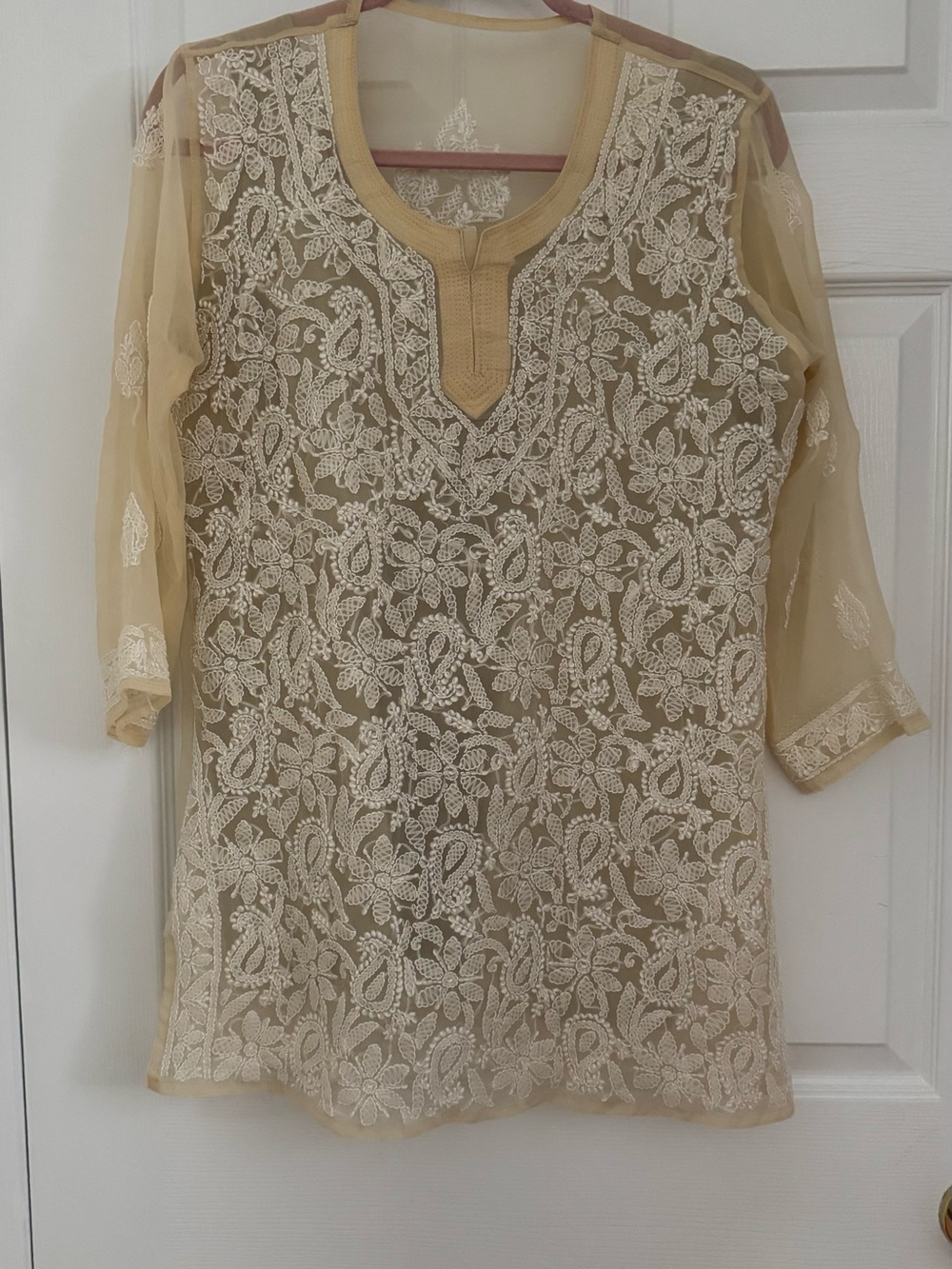 Cream Chikankari Embroidered Sheer Net Kurti Top with Inner Slip